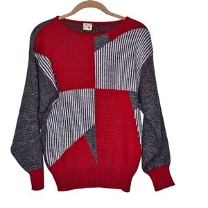 Vintage Top Shop Color Block Geometric Knit Sweater Red White Grey 80s 90s sz 10